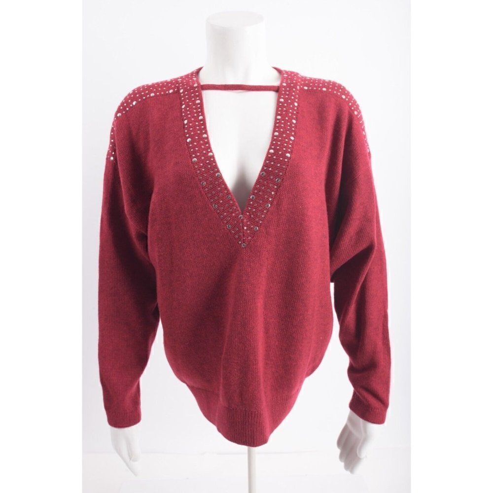 Vintage Marie St. John Skirt Sweater Set Maroon Burgundy Knit Studded 1980's M L